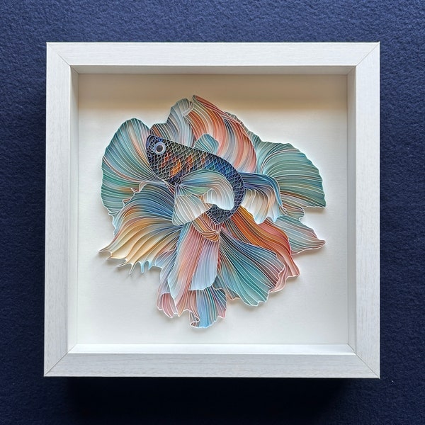 Quilled Fish Art, Betta Fish, 3D Framed Paper Painting, Covered with Glass, Unique Gift for Anniversary, Wedding, Birthday