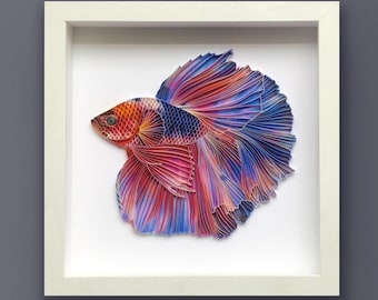 Quilled Fish Art, Betta Fish, 3D Framed Paper Painting, Covered with Glass, Unique Gift for Anniversary, Wedding, Birthday
