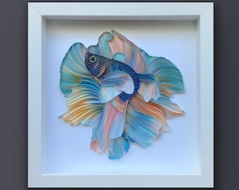 Quilled Fish Art, Betta Fish, 3D Framed Paper Painting, Covered with Glass, Unique Gift for Anniversary, Wedding, Birthday