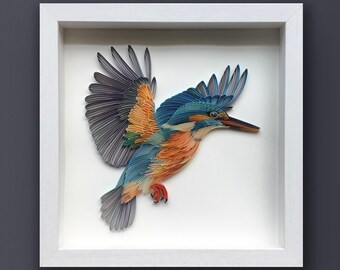 Quilled Bird Wall Art, Kingfisher, 3D Framed Paper Art, Covered with Glass, Unique Gift for Anniversary, Wedding, Birthday