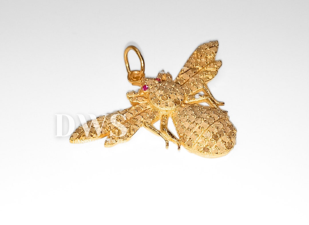 Flying Insect Pendent 18K Gold Filled Jumping Fly Insect Charm, Pave Diamond Pendent, Ruby ...