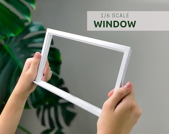 1/6 scale wide Window with glass for dollhouse, DIY accessory, Miniature 1-6 scale window, roombox window, white painted