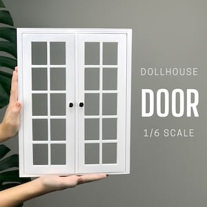 1/6 scale Wooden Double Panoramic Door with glass for Dollhouse, French patio doors, Miniature 1-6 scale door, White painted