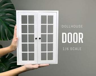 1/6 scale Wooden Double Panoramic Door with glass for Dollhouse, French patio doors, Miniature 1-6 scale door, White painted