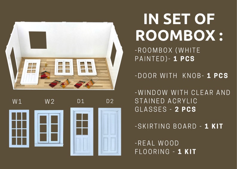K&ouml;nnte beinhalten: Ein wei&szlig;es Puppenhaus-Raumbox-Set mit einer wei&szlig; lackierten Raumbox, einer T&uuml;r mit Knauf, zwei Fenstern mit klaren und get&ouml;nten Acrylglas-Scheiben, einem Sockelleisten-Set und einem Echtholz-Bodenbelag-Set. Das Set enth&auml;lt 1 Raumbox, 1 T&uuml;r, 2 Fenster, 1 Sockelleisten-Set und 1 Echtholz-Bodenbelag-Set.