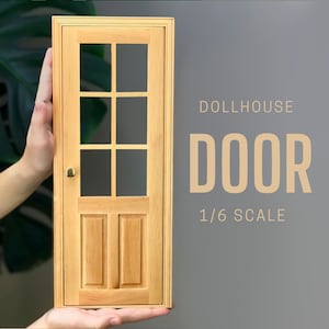 1/6 scale 8 panel Door with glass and doorhandle for DollHouse , Miniature 1-6 scale door, fairy garden door, varnished