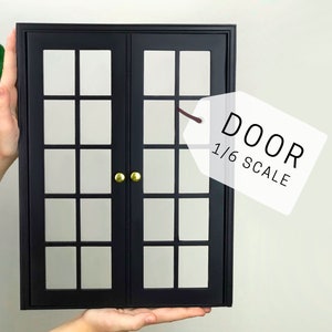 Wooden Double Panoramic Door with glass for Dollhouse,  French patio Miniature doors in 1/6 scale, Black painted