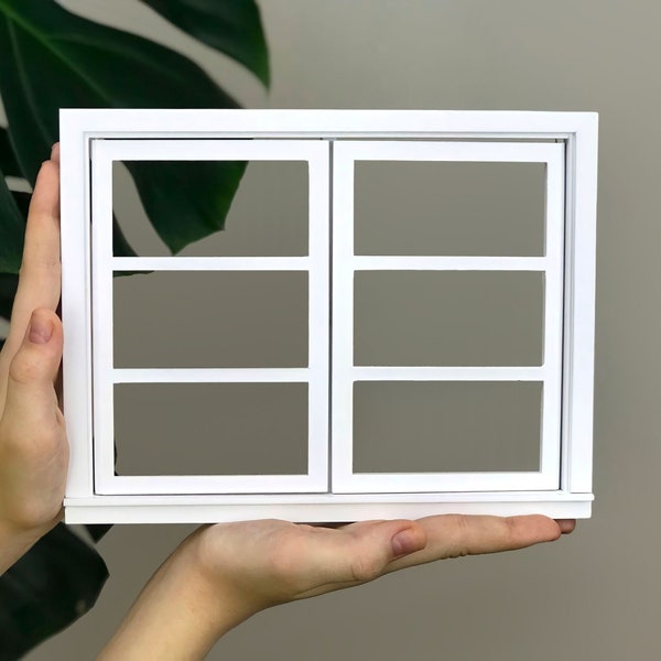 1/6 Scale Dollhouse Window: White Wood Frame, DIY Roombox Accessory