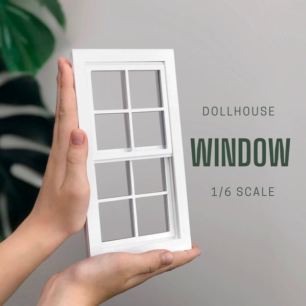 1/6 Scale Dollhouse Sliding French Window: White Wood, 8-Pane