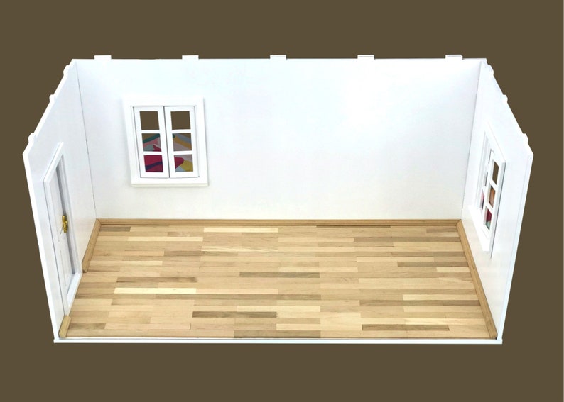 1/12 scale Longer Roombox with 2 Windows, Doors, Wood Flooring, Wallpapers and Skirting board image 2