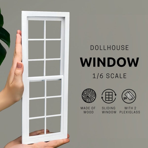 Dollhouse Sliding French Window: 1/6 Scale, White Painted Wood