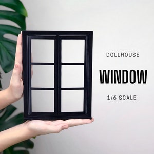 May include: Black dollhouse window with six panes, 1/6 scale.  DOLLHOUSE WINDOW 1/6 SCALE.