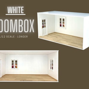 1/12 scale Longer Roombox with 2 Windows, Doors, Wood Flooring, Wallpapers and Skirting board image 1