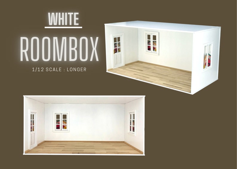 1/12 scale Longer Roombox with 2 Windows, Doors, Wood Flooring, Wallpapers and Skirting board image 1