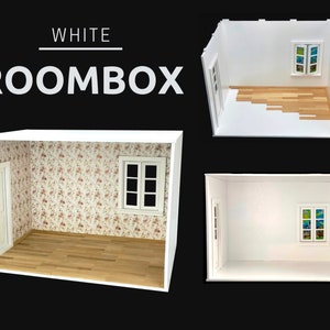 1/12 scale Roombox with Window, Door, Wood Floring, Wallpapers and Skirting board, Dollhouse Roombox white painted