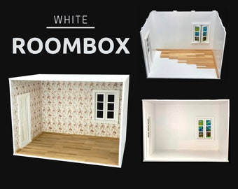 1/12 scale Roombox with Window, Door, Wood Floring, Wallpapers and Skirting board, Dollhouse Roombox white painted