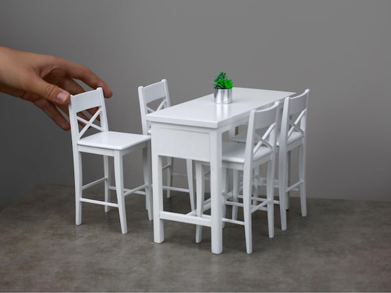 1/6 Scale Dollhouse Bar Table with Chairs: Miniature Wooden Furniture
