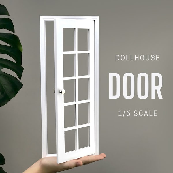 1/6 Scale Dollhouse Door: White Wood Panoramic Door with Glass