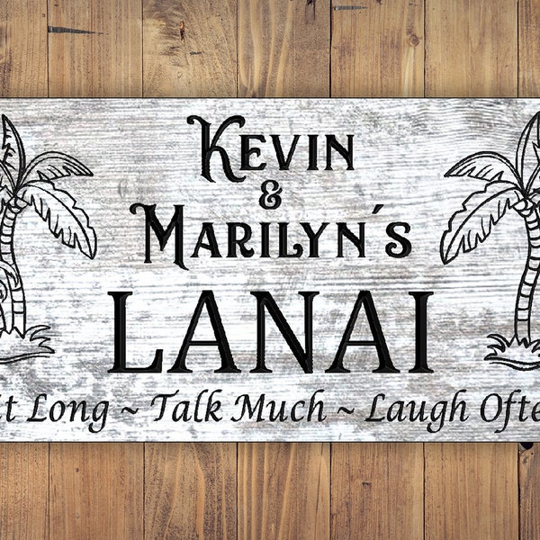 Lanai Sign, personalized family name, engraved, barnwood, carved, welcome, tropical,  palm trees, CNC, 11.75H x 24W, free shipping