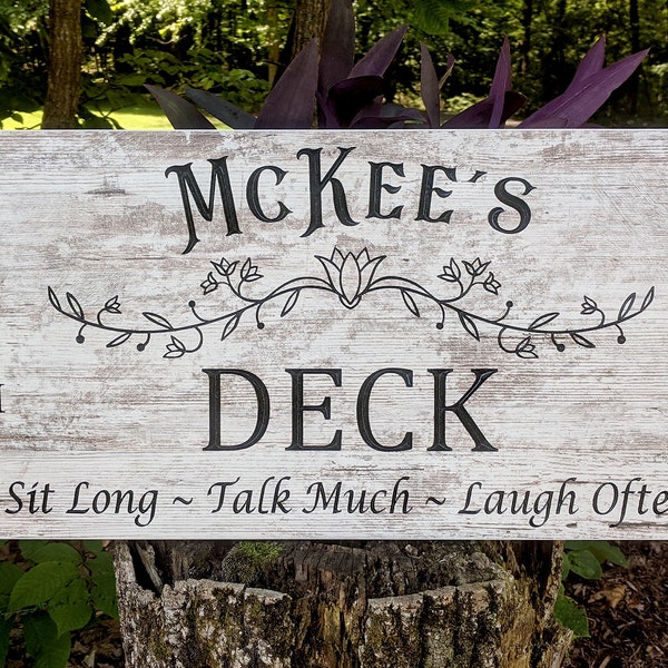 Deck sign, lanai, porch, patio, veranda, family name, engraved, barnwood, carved, welcome friends, CNC, 11.75 Tall X 24 Wide, free shipping!