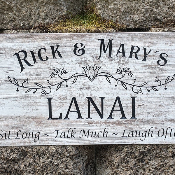 Lanai Sign, personalized family name sign, engraved sign, barnwood sign, carved sign, welcome friends sign, CNC, 11.75H x 24W, free shipping