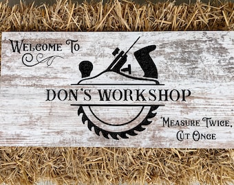 Workshop sign, measure once, measure twice, cuss once, cuss twice, barnwood, CNC, wood, carved sign, Free shipping, 11.75 high X 24 long