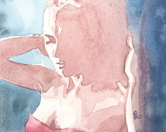 COME CLOSER original watercolour painting, portrait of a young woman, pink and blue wall art, unique hand painted artwork