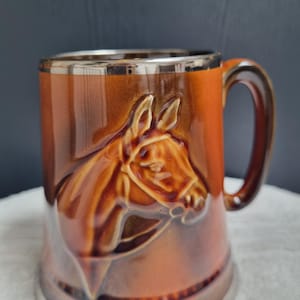 May include: A ceramic mug with a glossy brown gradient finish featuring a raised, three-dimensional relief of a horse head in profile. The mug includes a metallic silver rim at the top and base, a curved handle, and a smooth, reflective surface.