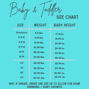May include: A blue and white chart with a baby and toddler size guide. The chart lists sizes from newborn to 5T, with corresponding weight and height ranges in pounds and inches.