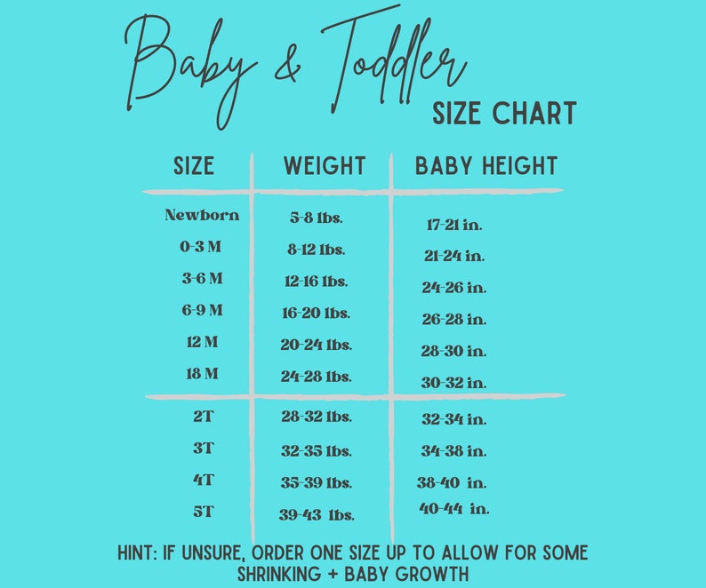 May include: A blue and white chart with a baby and toddler size guide. The chart lists sizes from newborn to 5T, with corresponding weight and height ranges in pounds and inches.
