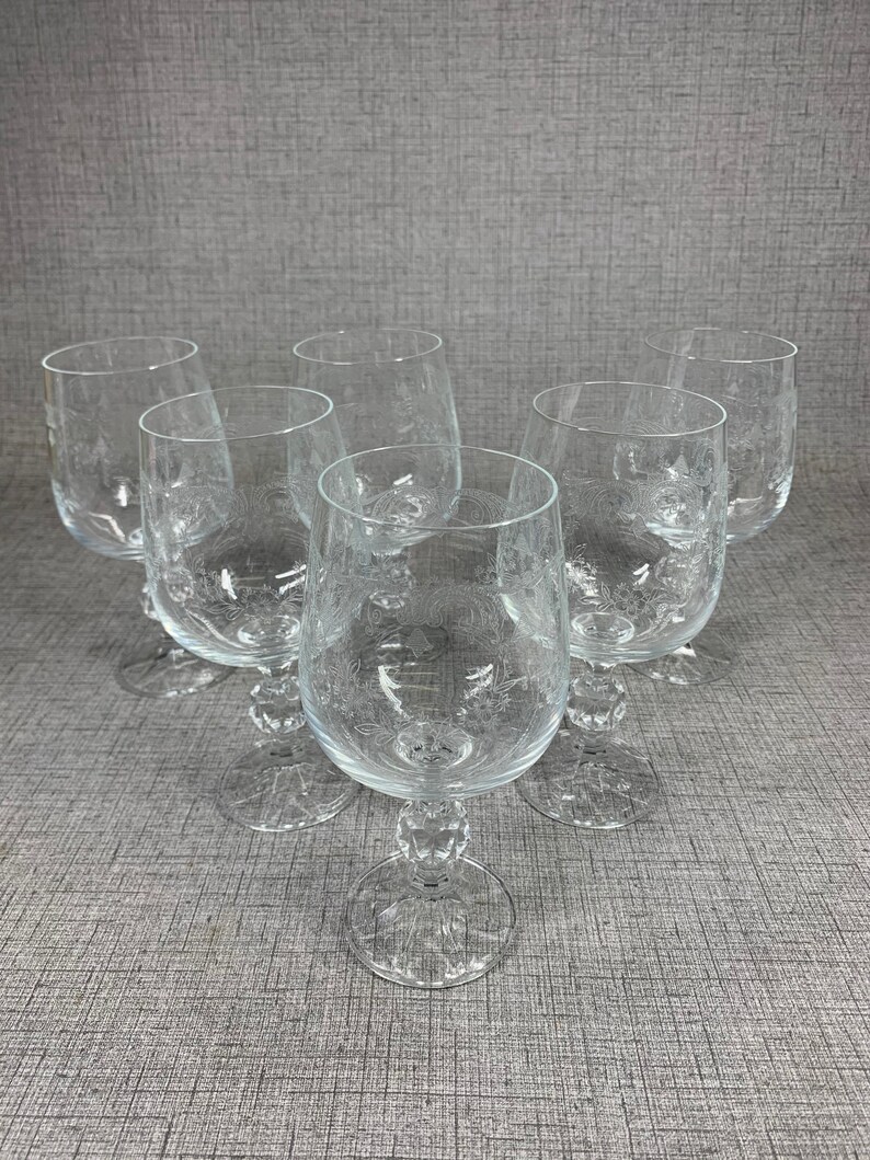 Vintage Etched Floral Water Goblet Set of 6 Water Goblets Flower Etching on Glass Import Association Bohemia Cascade Glasses