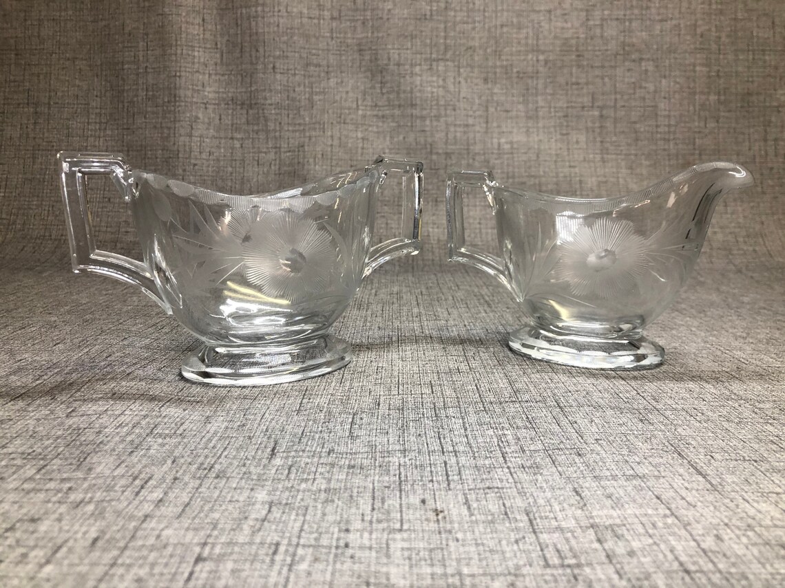 Heisey Etched Floral Square Handled Sugar Creamer Set Etsy