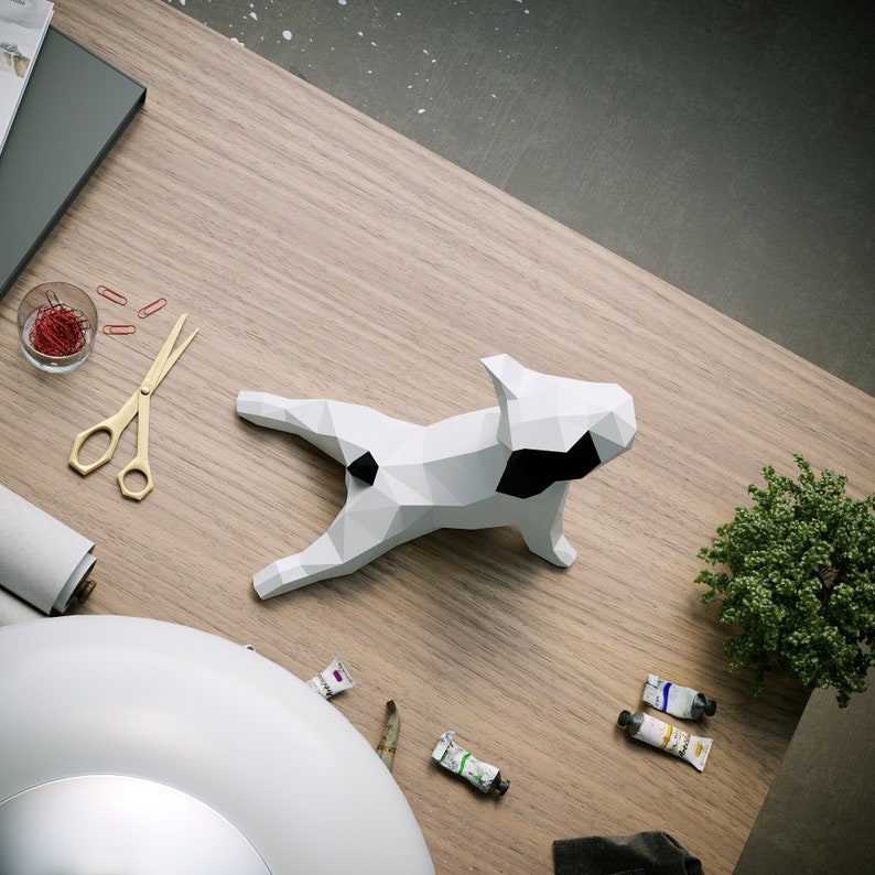 3D French Bulldog Papercraft Kit - White Abstract Low Poly DIY Home Decor