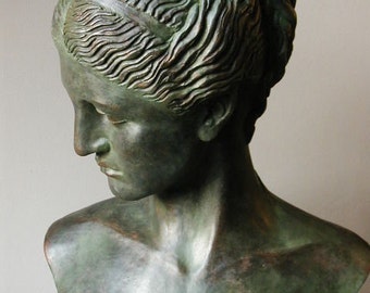 Aphrodite, art deco, female bust sculpture signed French artist LE CANN, patinated stucco with antique bronze appearance