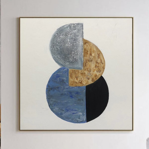 Abstract Minimalist Paintings On Canvas Textured Wall Art Abstract Shapes Art In Grey, Blue, Yellow and Black Colors Solar Eclipse Fine Art