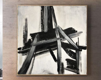 Original Eiffel Tower Abstract Black and White Paintings On Canvas. Modern Minimalist Art, Textured Handmade Painting for Home and Office