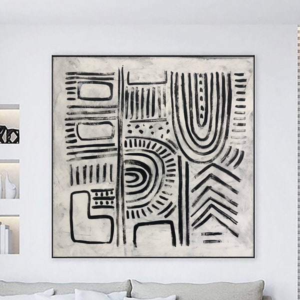 Modern Black And White Painting on Canvas Eclectic Wall Art Black and White Symbols Painting Contemporary Art Commission Artwork