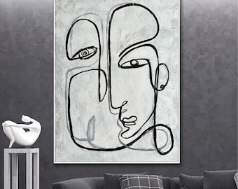 Minimalist Line Face Art – Black on White Canvas Painting