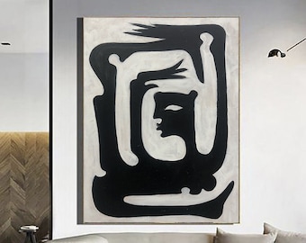 Arte murale astratta in bianco e nero con linee del viso