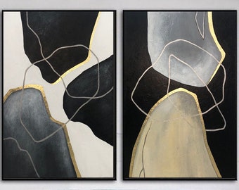 Elegante Diptychon Abstrakte Gemälde mit Goldakzenten, Modernes Wohndekor Minimalistisches Design Moderne Ästhetik Eleganz in der Abstraktion