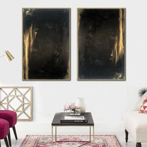 Original Abstract Set Of 2 Black Paintings On Canvas Gold Leaf Art Luxury Textured Diptych Painting Textured Wall Decor for Home or Office