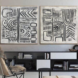 Extra Large Black And White Canvas Art Symbols Painting Abstract Shapes Art Black and White Luxury Painting Acrylic Painting Modern Artwork image 1