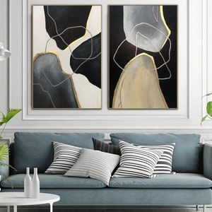 Abstract Gold Leaf Diptych Oversized Wall Art Set Of 2 Black and White Modern Wall Art Large Minimalist Canvas Geometric Painting Home Decor