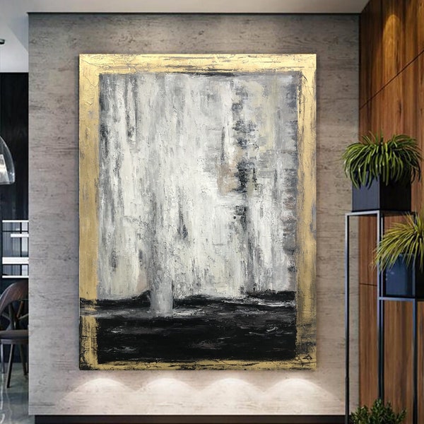 Pittura di contorno foglia oro Grande opera d'arte in foglia oro Decorazione pittura grigia Arte da parete dorata Dipinti di grandi dimensioni su tela Ricca opera d'arte strutturata