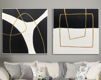 Abstract Black And White Diptych Paintings On Canvas Original Textured Fine Art Modern Wall Art Hand Painted Art for Living Room Wall Decor