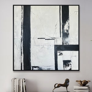 Black and white structural painting, linear abstract art, deconstructivism canvas artwork, above bed art