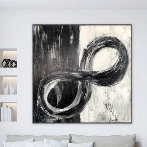 Abstraktes Infinity-Symbol Gemälde auf Leinwand Original Schwarzweiß Kunst Modernes Ölgemälde Strukturierte Handgemalte Kunst für Indie-Raum-Dekor Bild 2