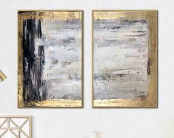 Original Abstract Gold Leaf Art  Set Of 2 Paintings On Canvas Black And White Textured Artwork Creative Minimalist Painting Wall Decor