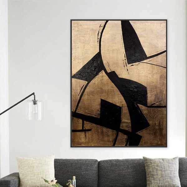 Black and Beige Abstract Painting Palette Knife Oil Painting Modern Heavy Textured Art Geometric Wall Art Contemporary Artwork Mural Art