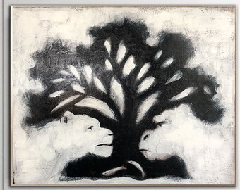 Unique Black and White Tree Painting Monochrome Stretched Canvas Art Housewarming Gift Made to Order by Ukrainian Artist